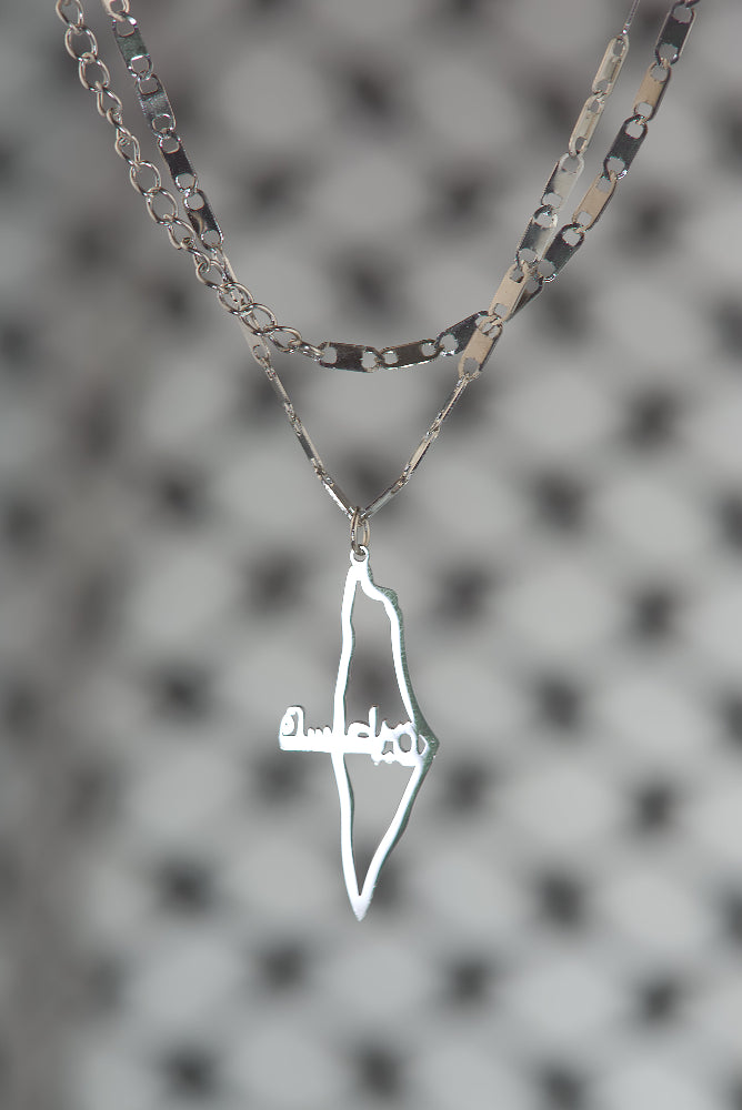 Palestine-Word Map Necklace | Stainless Steel & Silver Plated Necklace